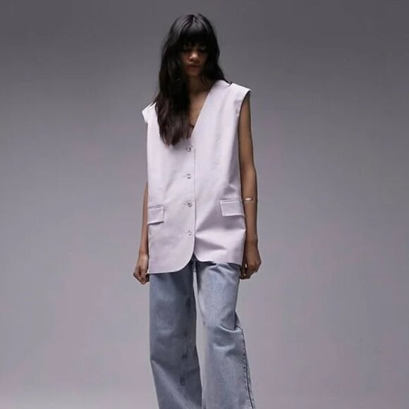 Topshop Lilac Linen Blend Oversized Buttoned Vest Waistcoat Size 6 NEW - Picture 2 of 16
